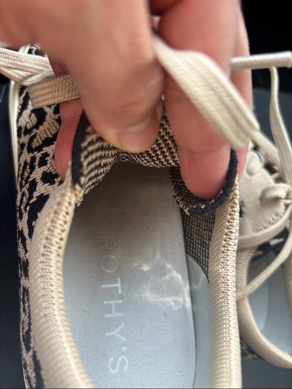 Rothy's Leopard-Print Knit Lace-Up Sneakers in Beige and Black - Picture 3 of 5